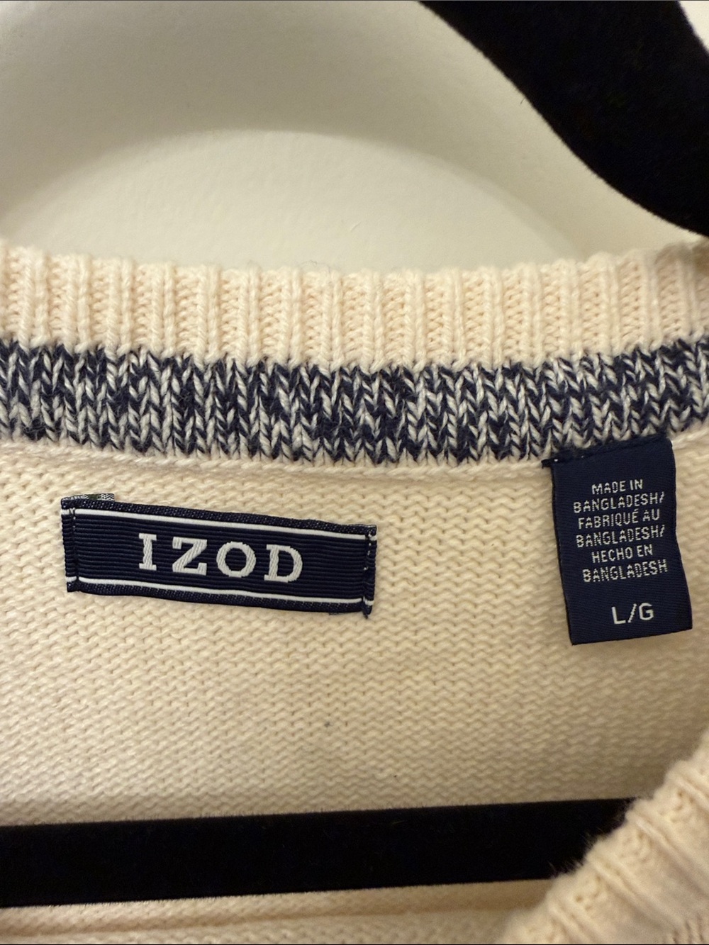 Izod Cream Crewneck Sweater with Navy Accent